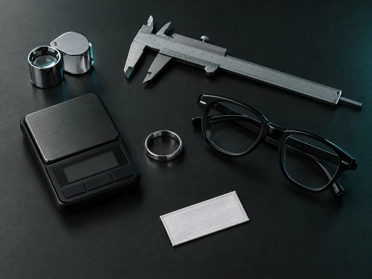 Illustration of a jeweler's loupe, calipers and a pocket scale beside a plain silver ring, a folded pair of glasses and a blank garment tag on a dark desk