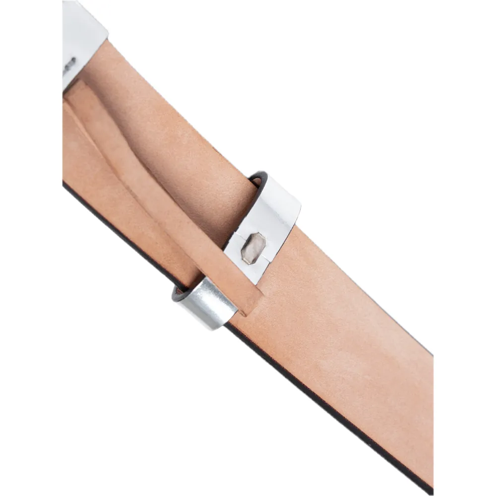 Sample photo 4, Metal Pin Front: the underside of a tan leather strap with its metal keepers and pin